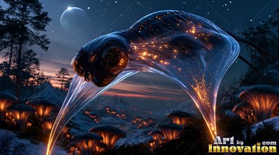 Glassy blue body full of orange points, a creature glides over night hills of mushrooms
