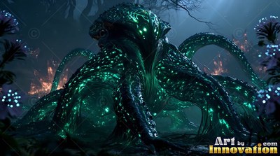A tentacled monster crawls through a dark swamp, dotted with bright cyan spots