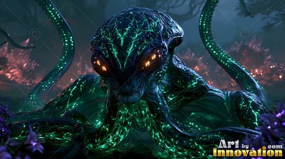 A tentacled alien creature sits in the dark with green skin patterns and orange eyes