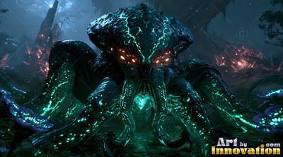In a dark forest, a many-eyed monster with teal tentacles crouches on the ground