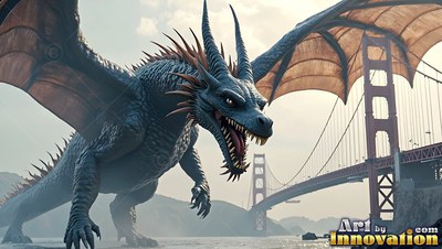 In a foggy bay, a blue horned dragon walks near a red suspension bridge