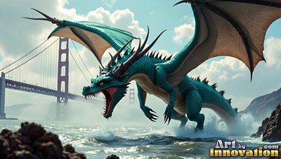 Splashing through ocean waves, a green dragon lets out a roar near a red suspension bridge