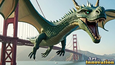 Green dragon flying over the Golden Gate Bridge