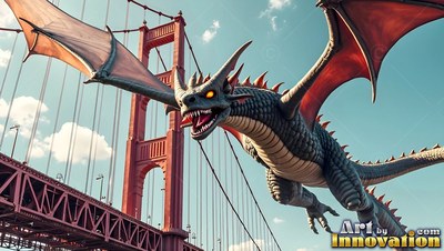 Horned gray dragon with red wings flying past a tall suspension bridge in daylight