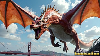 A red dragon swoops over a suspension bridge in clear daylight under a blue sky