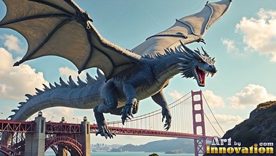 Soaring with open wings, a gray dragon flies over a red suspension bridge