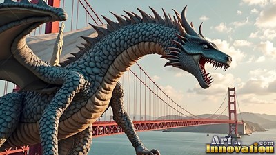 A gray large-horned dragon roars while perched on a red suspension bridge over the bay