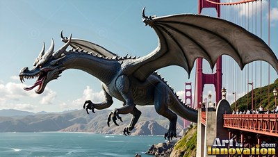 By a red suspension bridge, a gray winged dragon glides through the air over ocean water