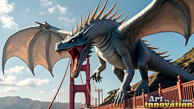 Roaring in the sunlight, a gray winged dragon crawls across a red suspension bridge