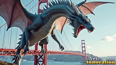 Blue dragon flying above a red suspension bridge in daylight