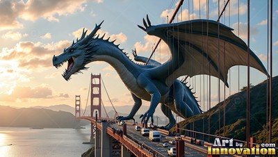 Spiky horns crown a gray dragon walking along the Golden Gate Bridge beside cars at sunset