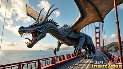 A gray dragon crawls across a red suspension bridge under bright daylight