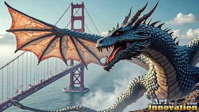 Perched with open wings, a blue scaly dragon lets out a roar near a red suspension bridge