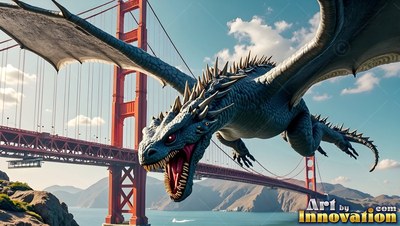 A spiky dragon with blue scales glides toward you right in front of the Golden Gate Bridge