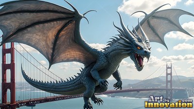 Above the red Golden Gate Bridge, a gray dragon moves through the air on open wings with open wings
