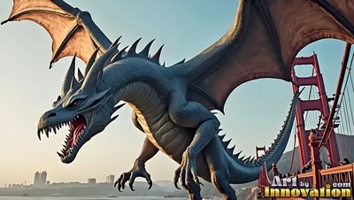 Flying with open wings, a gray dragon roars near a red suspension bridge