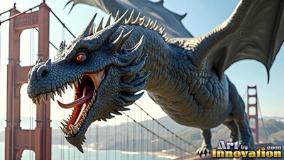 A dark gray dragon roaring above a red suspension bridge