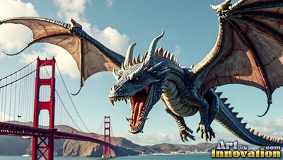 Sharp horns crown a gray dragon flying with open wings near a red bridge over water