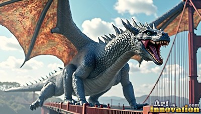 A scaled dragon snarls with an open mouth on a red suspension bridge under bright daylight