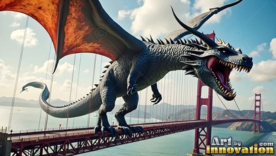 Perched with open wings on a red bridge, a gray dragon roars over the bay