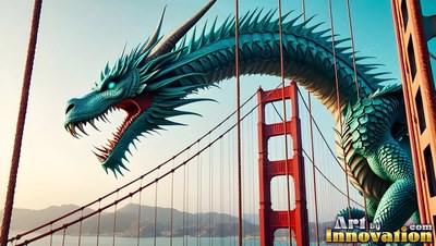 A blue-scaled dragon weaves its long neck over the red Golden Gate Bridge towers