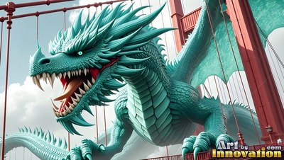 On a red suspension bridge, a winged teal dragon roars with open jaws