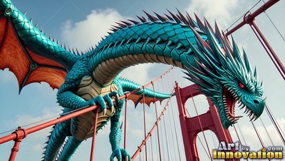Gripping the red cables of a bridge, a spiky bright blue dragon roars into the sky