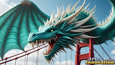 A teal dragon lets out a roar while flying over a red suspension bridge