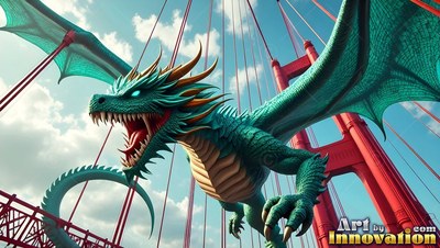 Teal scaled head roaring wide, a winged dragon soars past a red suspension bridge under bright daylight