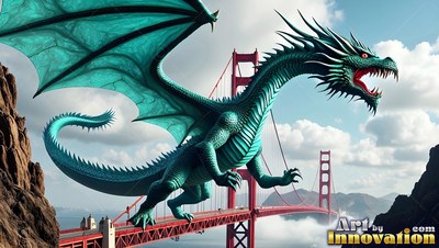 A teal dragon perches on a red suspension bridge under bright daylight