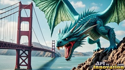 Crouched on rocks by the Golden Gate Bridge, a teal dragon gives a loud roar with open wings