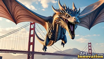 A gray dragon moves through the air on open wings over a red suspension bridge under a bright sky