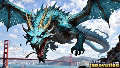 Above the Golden Gate Bridge, a blue-scaled dragon soars through the air through a bright daytime sky