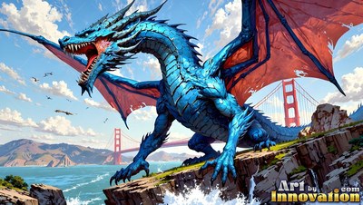Roaring on a cliff, a blue dragon opens red wings by a red suspension bridge