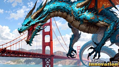 Blue dragon roaring next to the Golden Gate Bridge under bright daylight