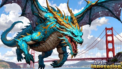 Golden horns crown a blue winged dragon flying near a red suspension bridge under a bright sky