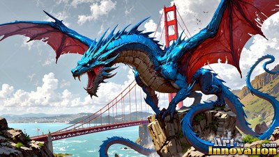 A bright blue dragon roars from a cliff near a red bridge under bright daylight