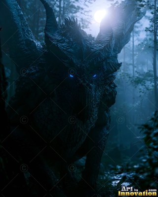Facing forward, a dark dragon with blue eyes stalks through a forest under the moon