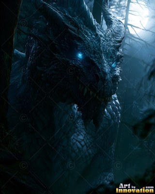 A scaly blue-scaled dragon with bright blue eyes stands in a forest at night by moonlight