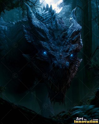 In a dark moonlit forest, a large-horned dragon watches with bright blue eyes