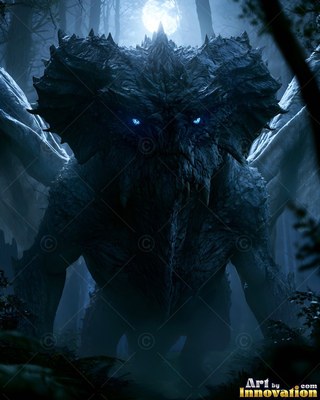 Stalking through a dim forest, a horned dragon looks forward with bright blue eyes
