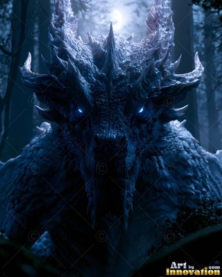 A dragon with blue scales with two horns stares forward in a dark moon lit forest