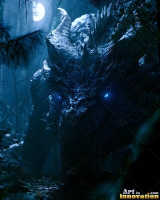 Bright blue eyes shine from a dark scaled dragon standing in a moonlit forest pine grove
