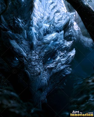 A large-horned dragon rests in the dark woods, shining with cool pale blue moonlight