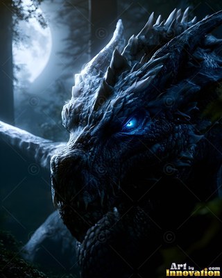 Facing forward in a moonlit forest, a dragon with bright blue eyes