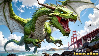 A roaring green dragon moves through the air on open wings over the ocean right beside a red suspension bridge
