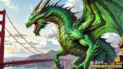 By a red suspension bridge, a green scaled dragon roars with open wings