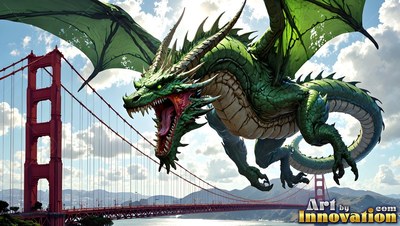 Soaring with an open mouth, a green dragon soars through the air past the red suspension bridge