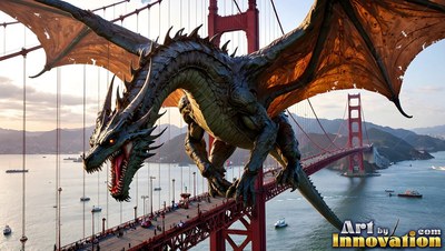 A green dragon perches on the Golden Gate Bridge in daylight