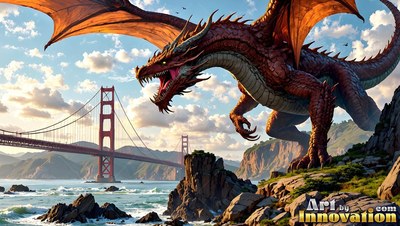 Large orange wings spread wide as a red dragon lets out a roar on a cliff by a suspension bridge